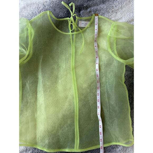 Grey Lab Sheer Neon Green Long Sleeve Keyhole Back Tie Closure Blouse Size Large - Picture 8 of 10